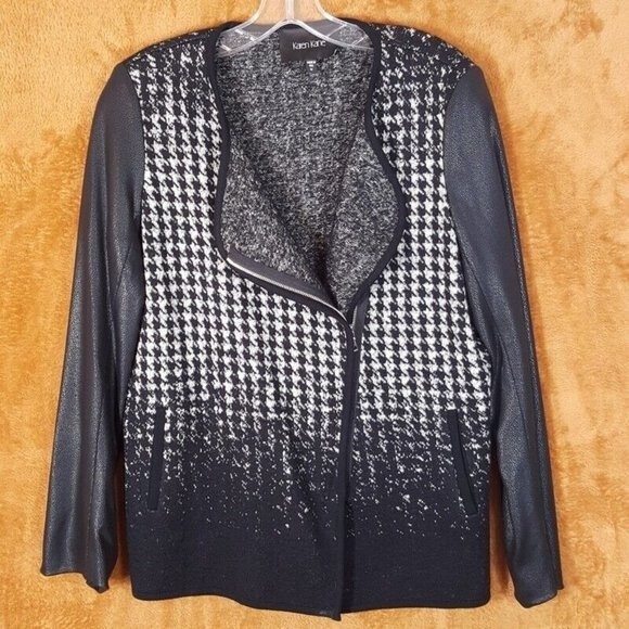 KAREN KANE Jacket Womens Medium Black Houndstooth Knit Moto Zip Textured Sleeve - Picture 2 of 8